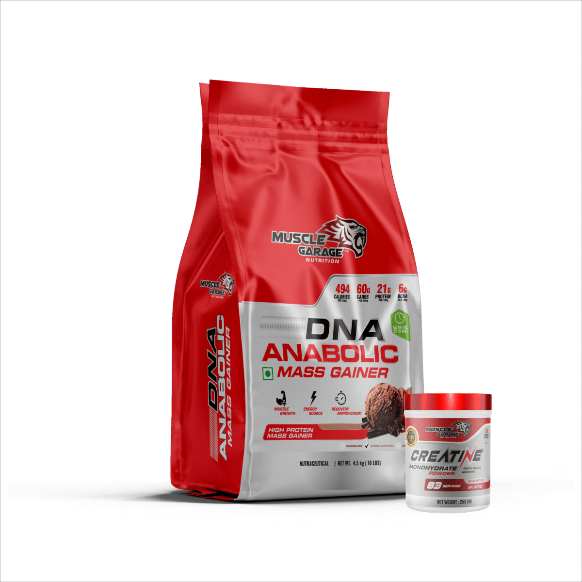 

Muscle Garage DNA Anabolic Mass Gainer Muscle Growth & Recovery| 4.5 Kg| Choco Caramel With Creatine 200gm unflavoured