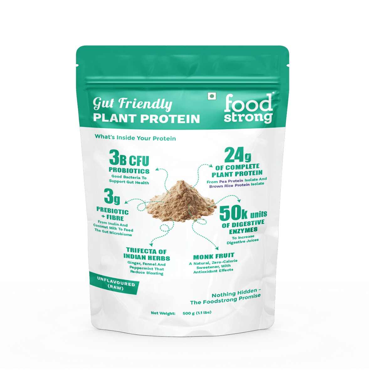 

Foodstrong Gut Friendly Plant Protein - Raw (Unflavoured) | 24g Complete Plant Protein with Probiotics, Digestive Enzymes, Prebiotics & Indian Herb...