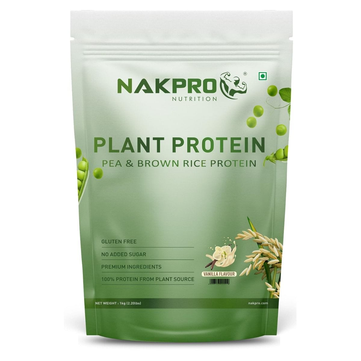 NAKPRO Vegan Plant Protein Powder (Pea Protein & Brown Rice Protein), Vanilla - 1kg | 25.2g Protein, 4.9g BCAA