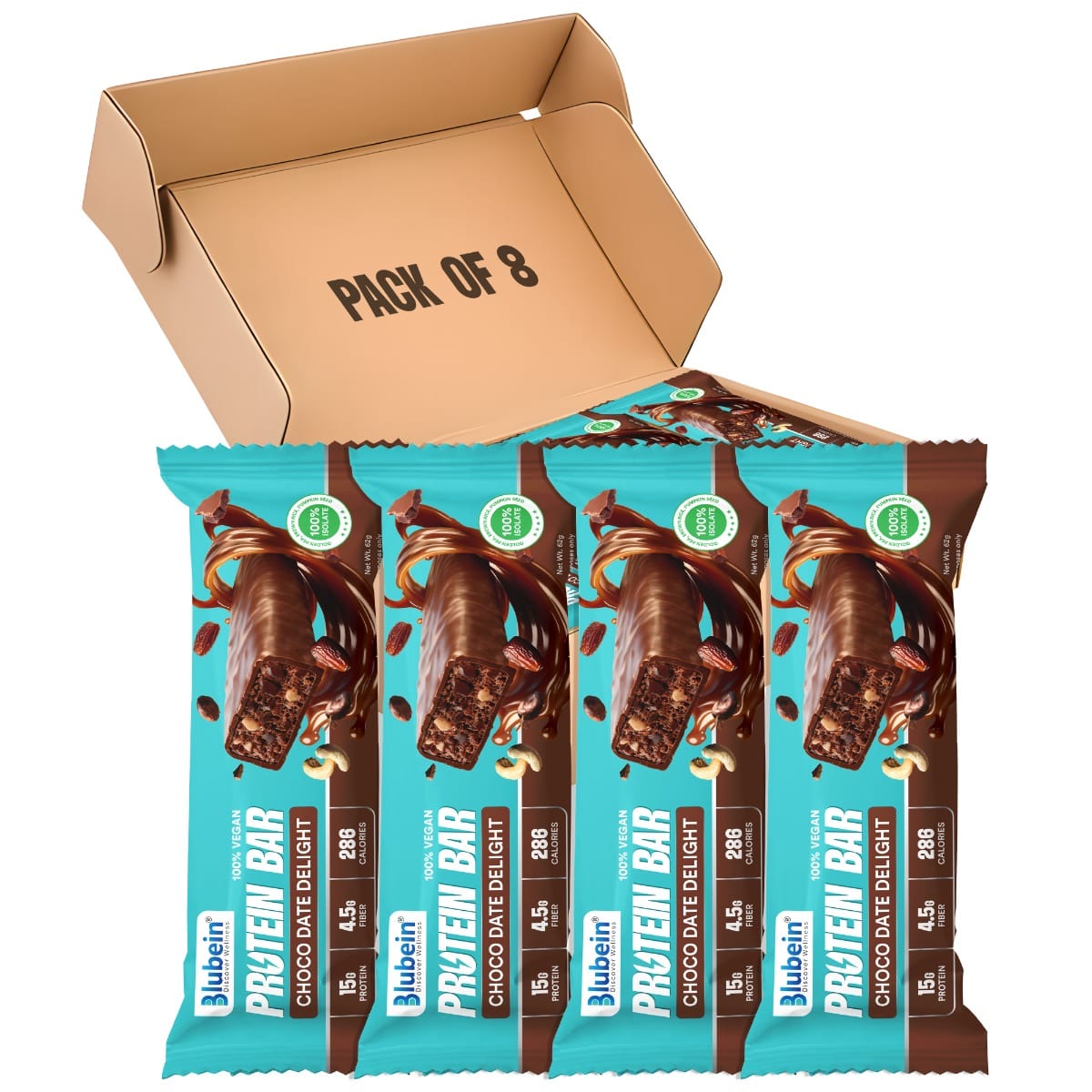 

Blubein 15g Plant Protein Bars | Choco Date Delight | Lactose-Free | 4.5g High Fibre | No Preservatives | No Added Sugar (Pack of 8)