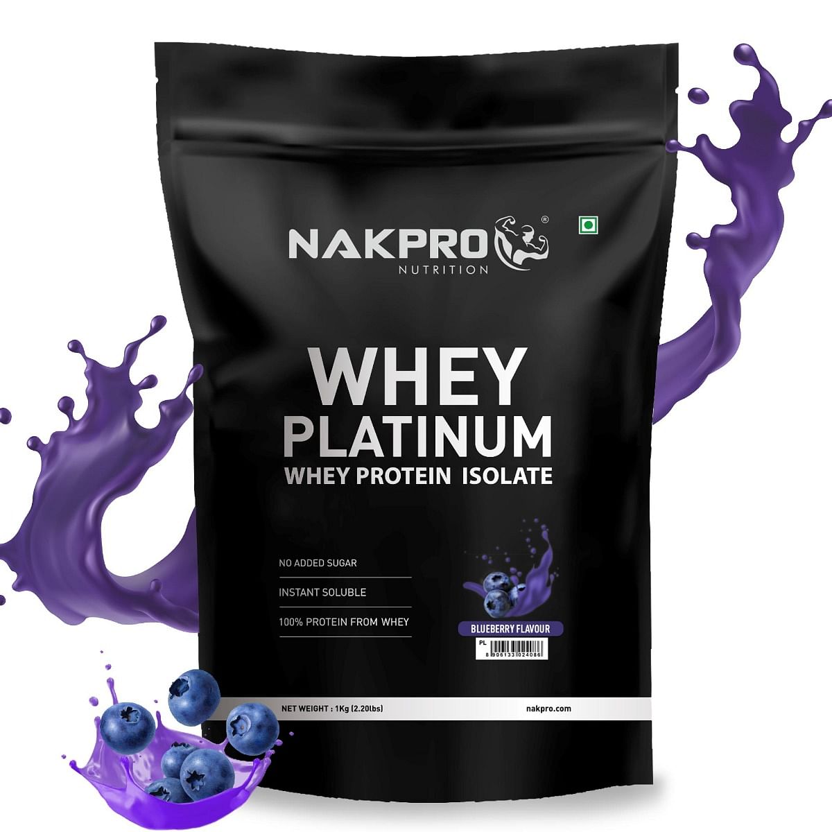 

NAKPRO Platinum Whey Protein Isolate 1kg Blueberry | 28g Protein, 6.4g BCAA | Trustified Certified 100% Authentic Supplement Powder & No Adulterati...