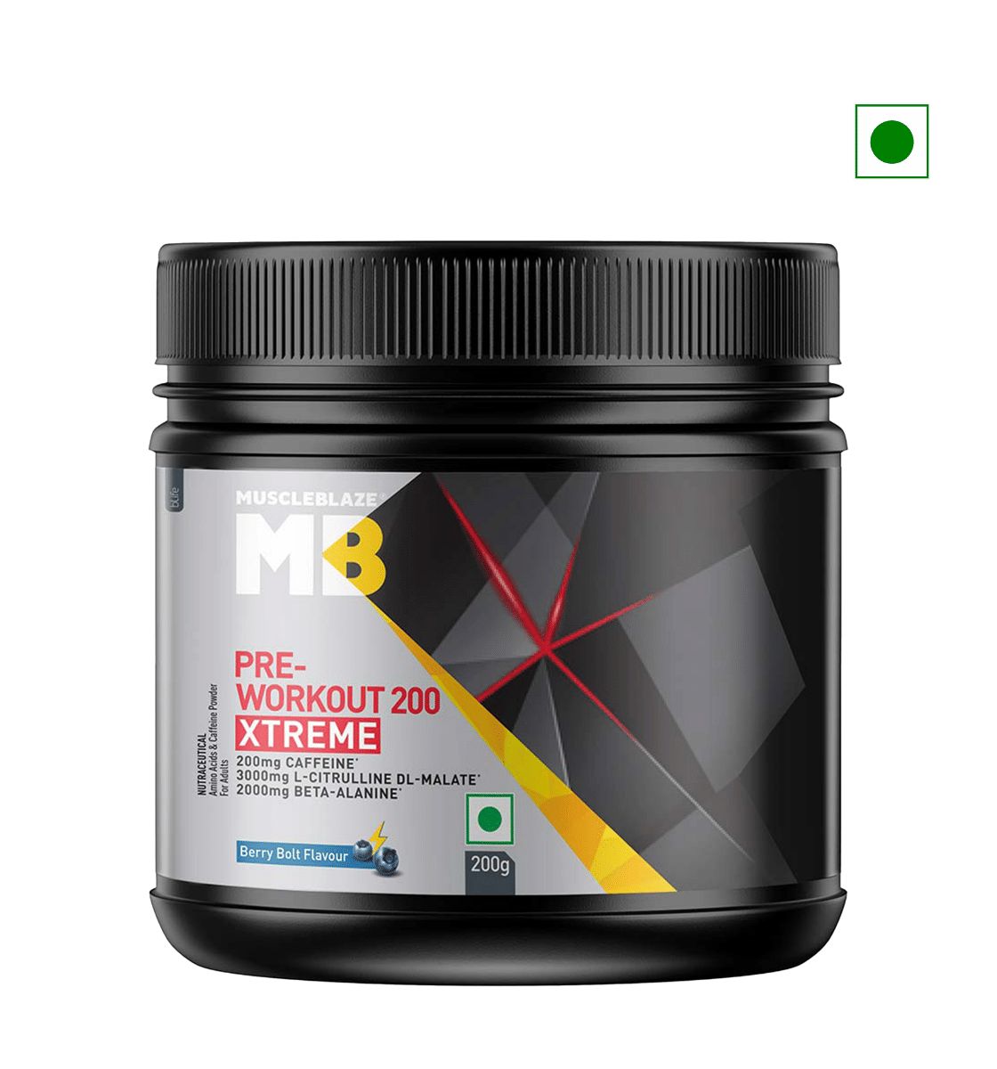 

MuscleBlaze Pre Workout 200 Xtreme | 200mg Caffeine, 200mg Theanine, 2000mg Beta Alanine, 3000mg Citrulline (Berry Bolt, 200g, 30 Servings)