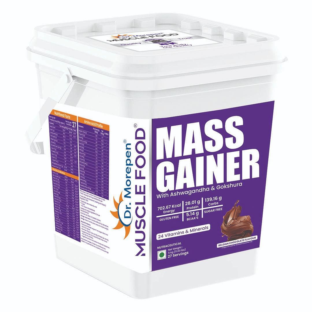 

Dr. Morepen Muscle Food Mass Gainer with Ashwagandha & Gokshura for Muscle Growth, Strength & Weight Gain, Belgian Chocolate Flavour - 5kg