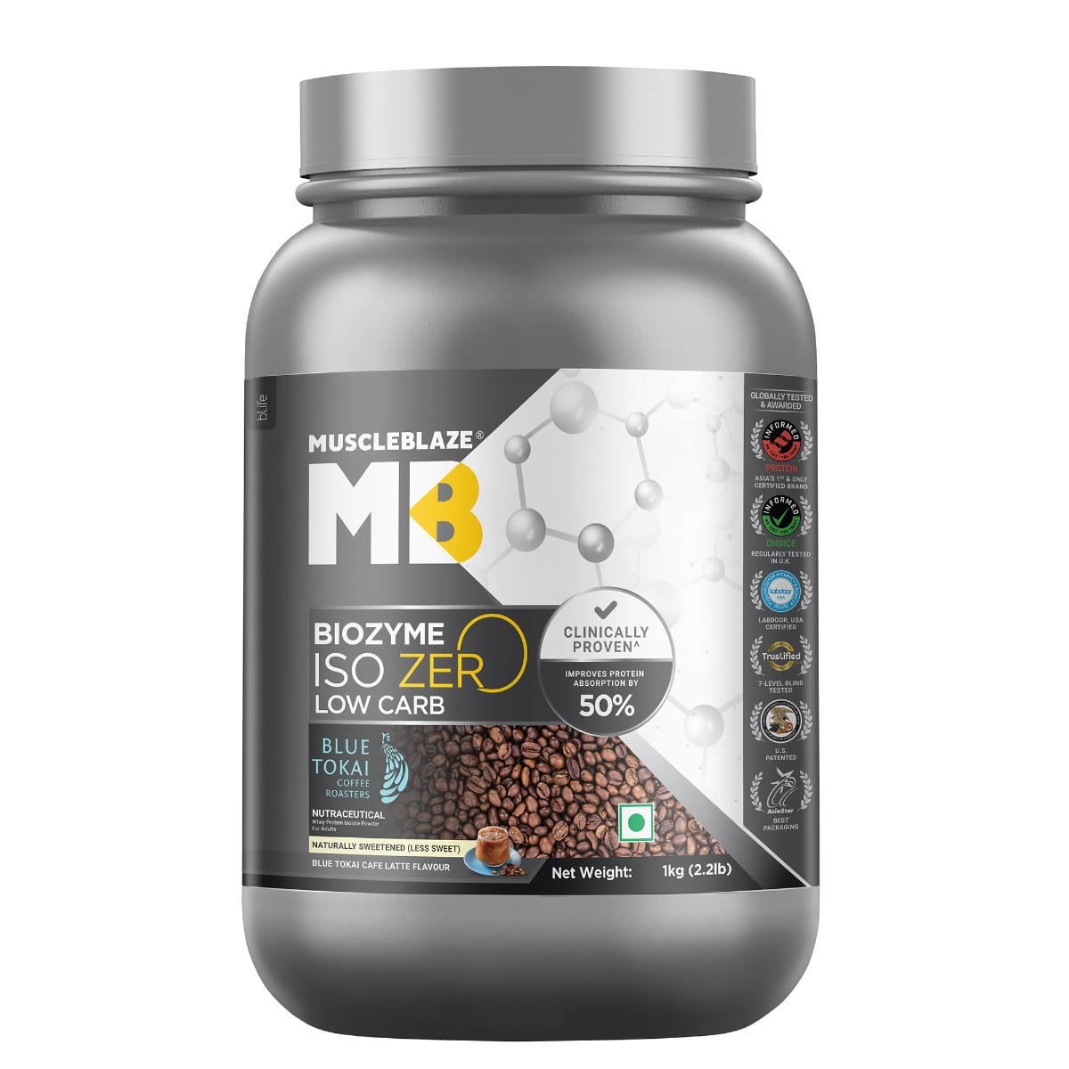

MuscleBlaze Biozyme Iso-Zero, Low Carb Whey Protein Isolate, 27g Isolate Whey Per Scoop (Blue Tokai Cafe Latte, 1kg) with USA Patent-Published Enha...
