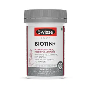 Swisse Beauty Biotin+ With Nicotinamide, Rose Hips & Vitamin C For Healthy Hair, Supports Collagen Formation –60 Tablets For Both Men & Women. 100% Vegetarian Product