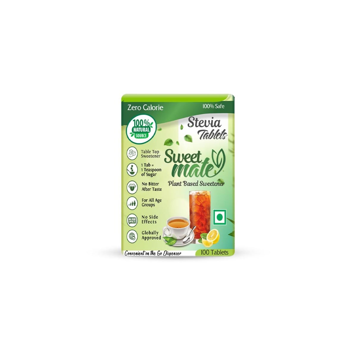 Sweetmate Stevia Tablets - 100 Servings/Pack | Plant Based 100% Natural Sweetener | Sugar Free | Diabetic Friendly | Zero Calorie | Vegan & Keto Friendly | Tastes Just Like Sugar