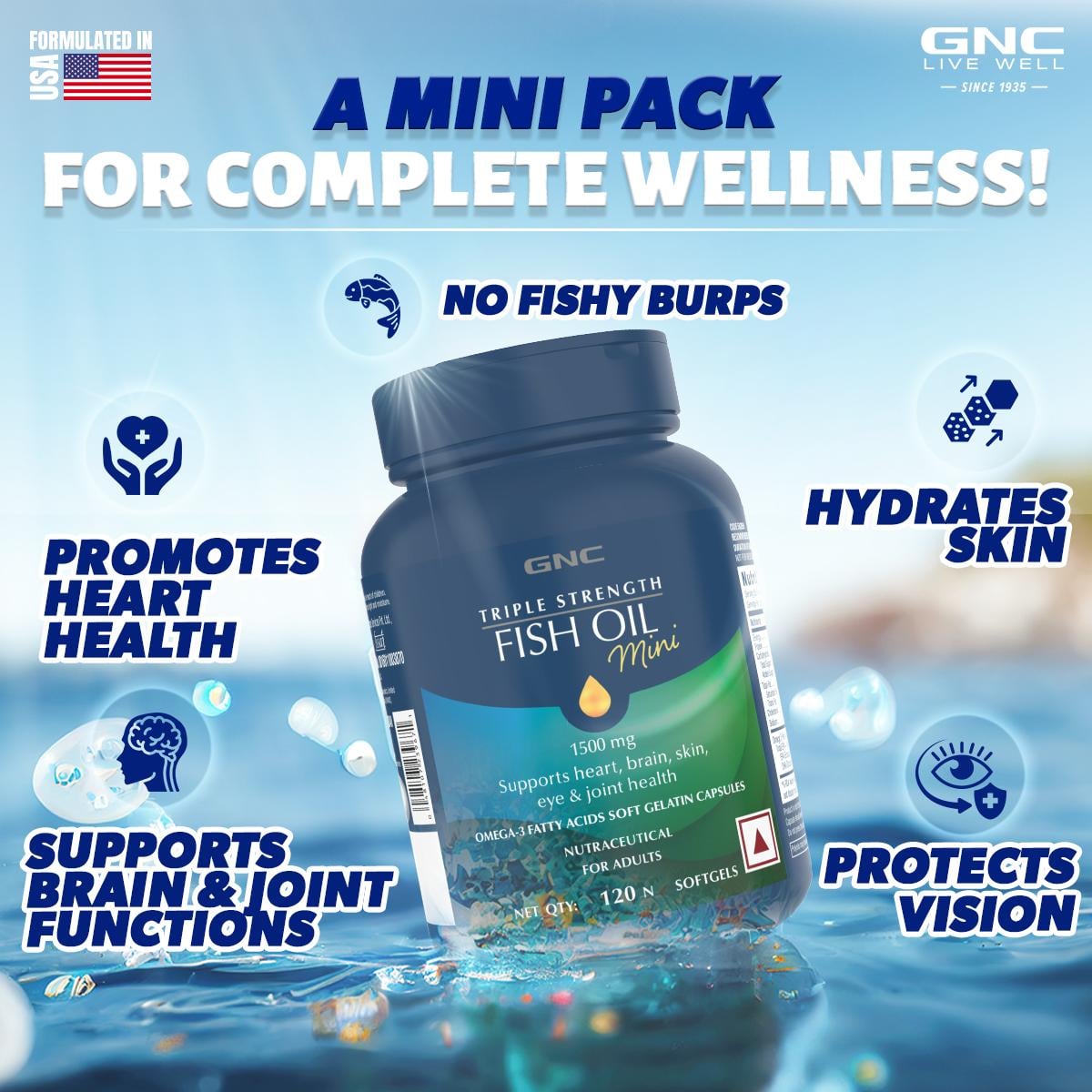 GNC Triple Strength Fish Oil Mini Omega 3 Capsules for Men & Women ...