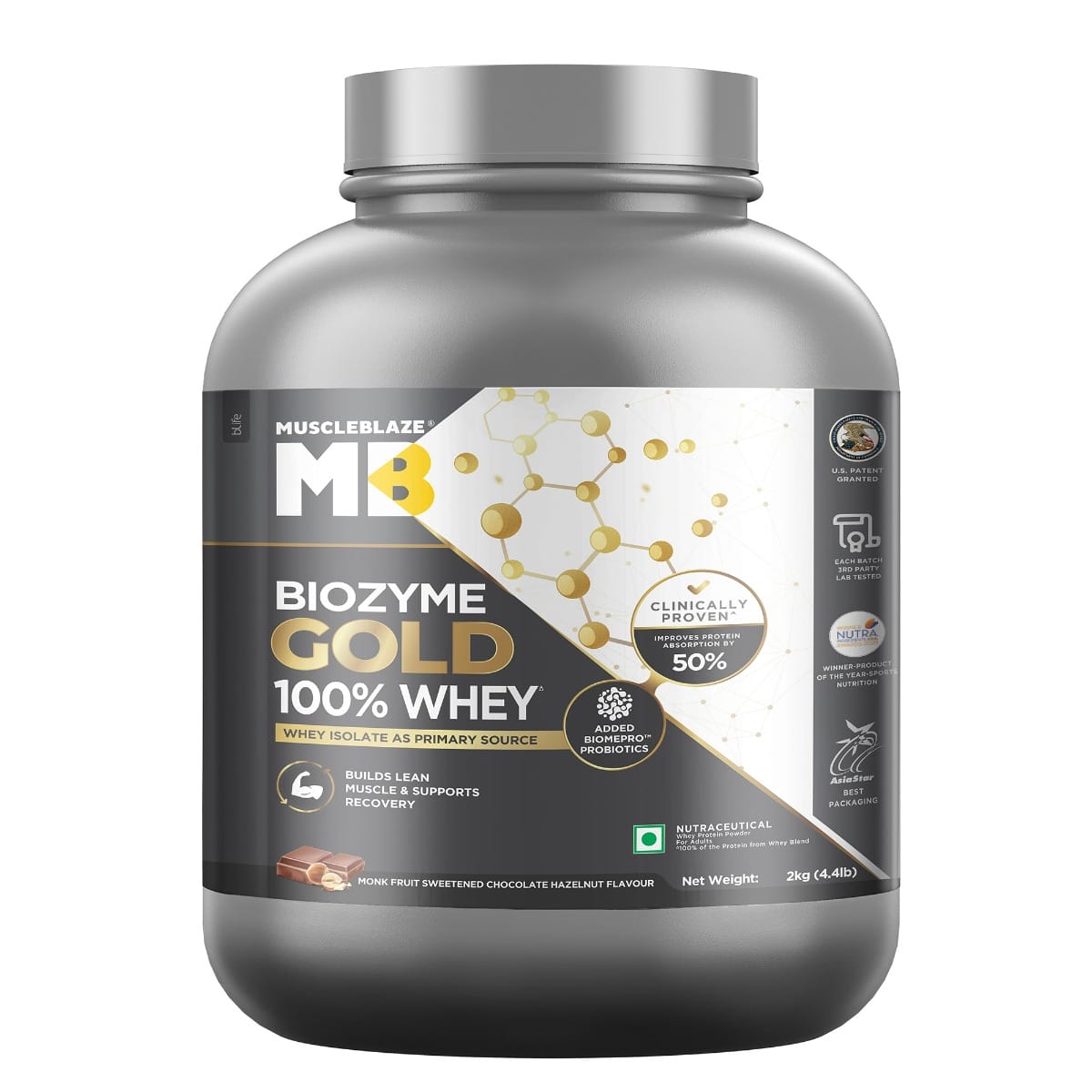 

MuscleBlaze Biozyme Gold 100 Whey Protein | Whey Isolate as Primary Protein Source (Monk Fruit Sweetened Chocolate Hazelnut, 2kg / 4.4 lb)