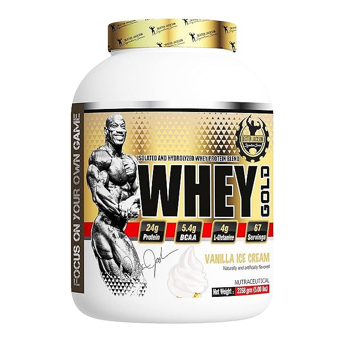 

Dexter Jackson Whey Proteins Gold - Vanilla Ice Cream Flavor | 67 Servings, 2268g, 5 lbs | Premium Protein Powder for Muscle Building and Recovery