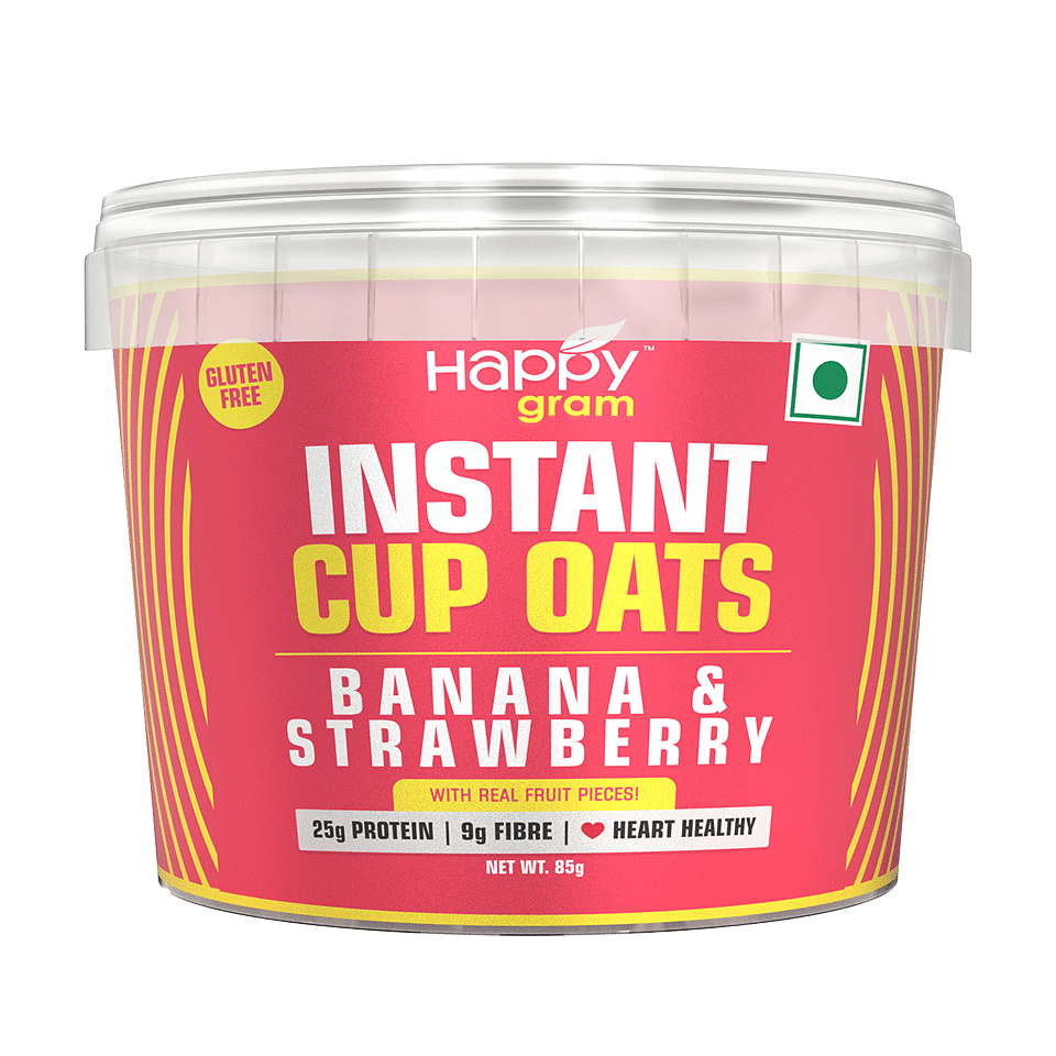 

Happy Gram Banana Strawberry Instant Cup Oats|25 GMS Whey Protein Isolate|9 GMS Fibre|Zero Added Sugar| Zero Preservatives|Gluten Free pack of 1