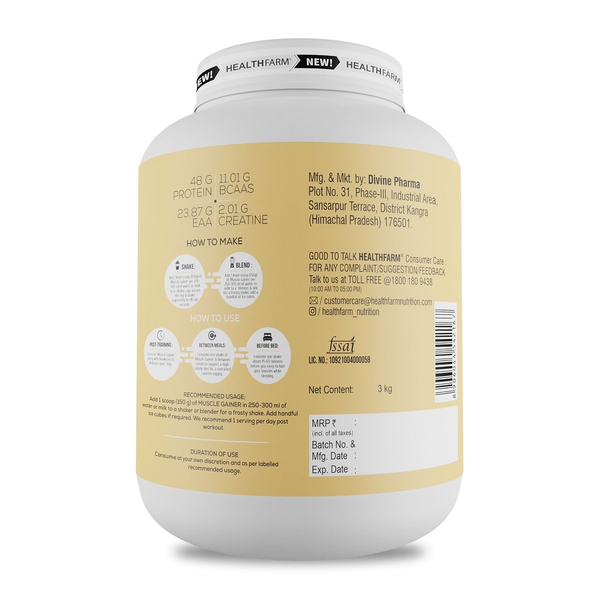 

Healthfarm Muscle Gainner Vanilla 3kg | Hard Gainer Bulk Phase Formula