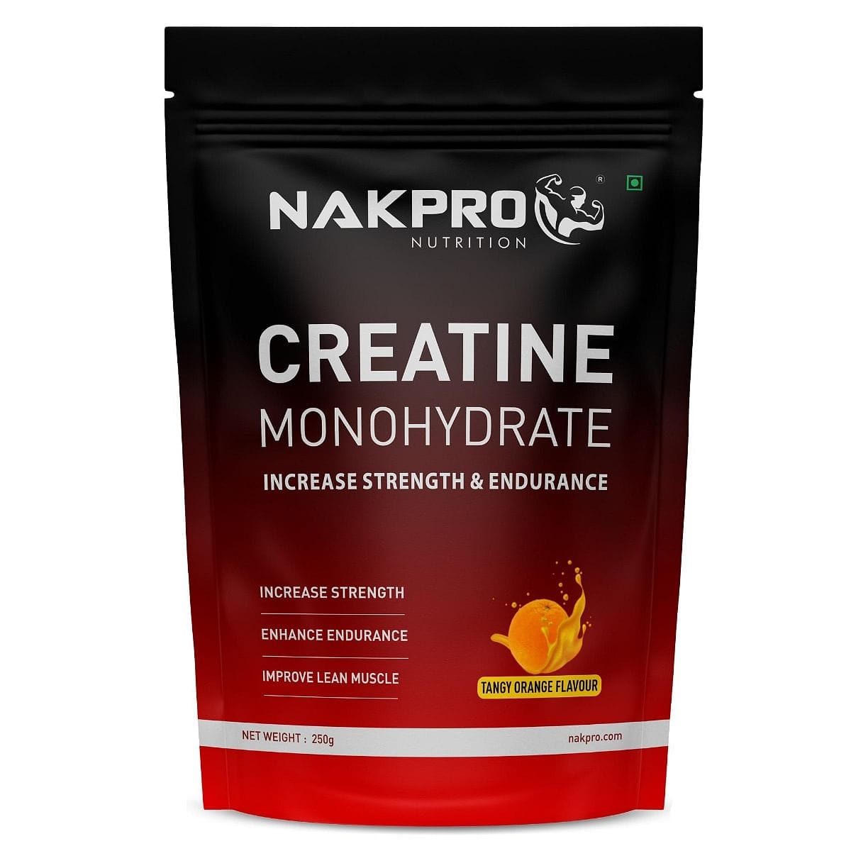 NAKPRO Micronised Creatine Monohydrate Powder (250g, Tangy Orange) | 3g Creatine/Serving