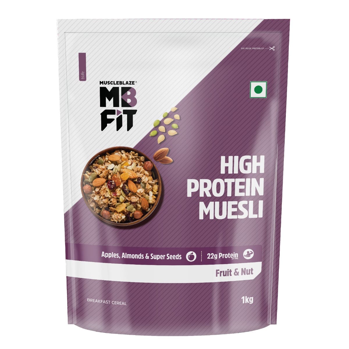 MuscleBlaze Fit High Protein Muesli | 22g Protein | With Apple, Almonds & Super Seeds, Protein Breakfast Cereals (Fruits & Nut)