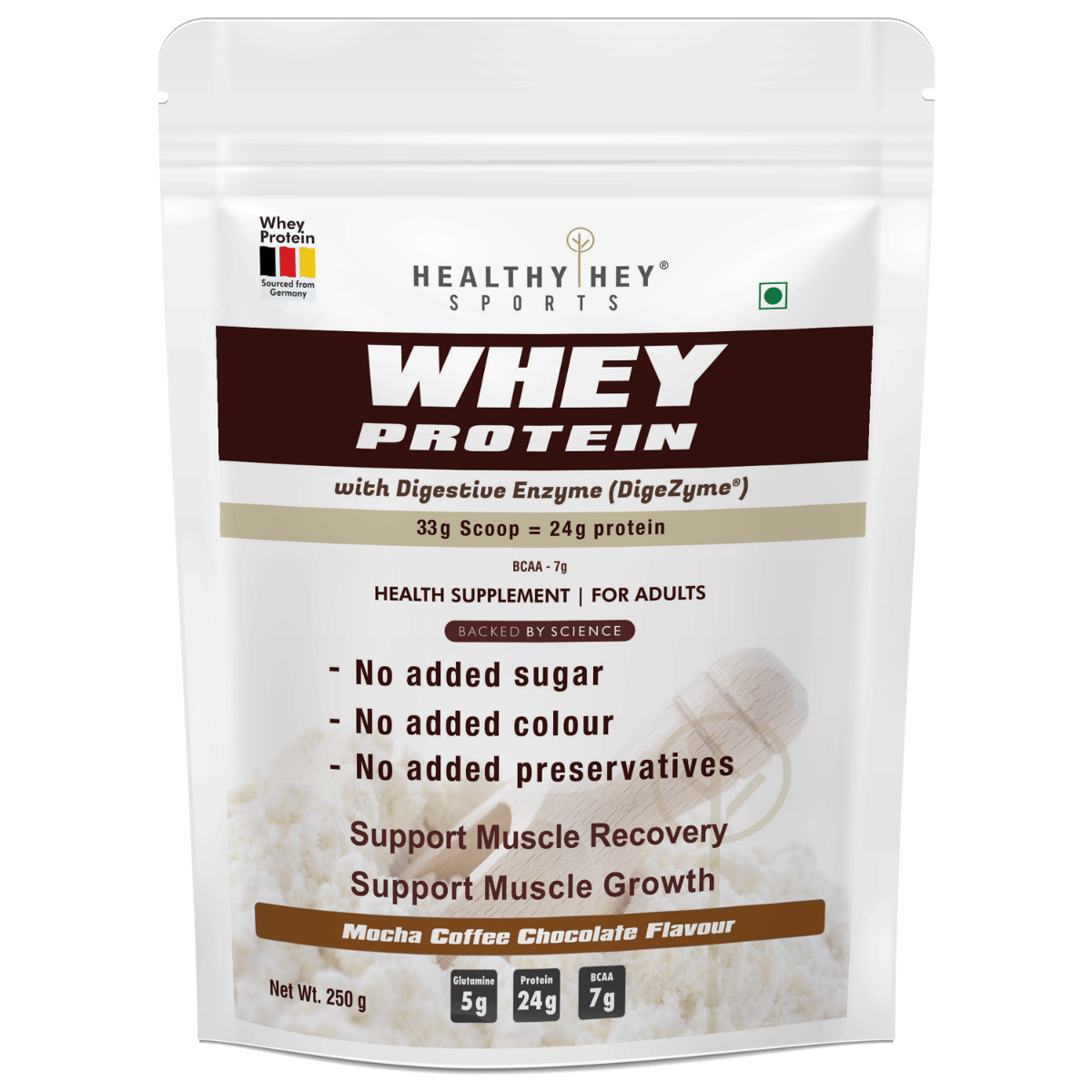 

HealthyHey Sports Whey Protein Concentrate (Sourced from Europe) - Mocha coffee Flavour(Pouch) - 250gm