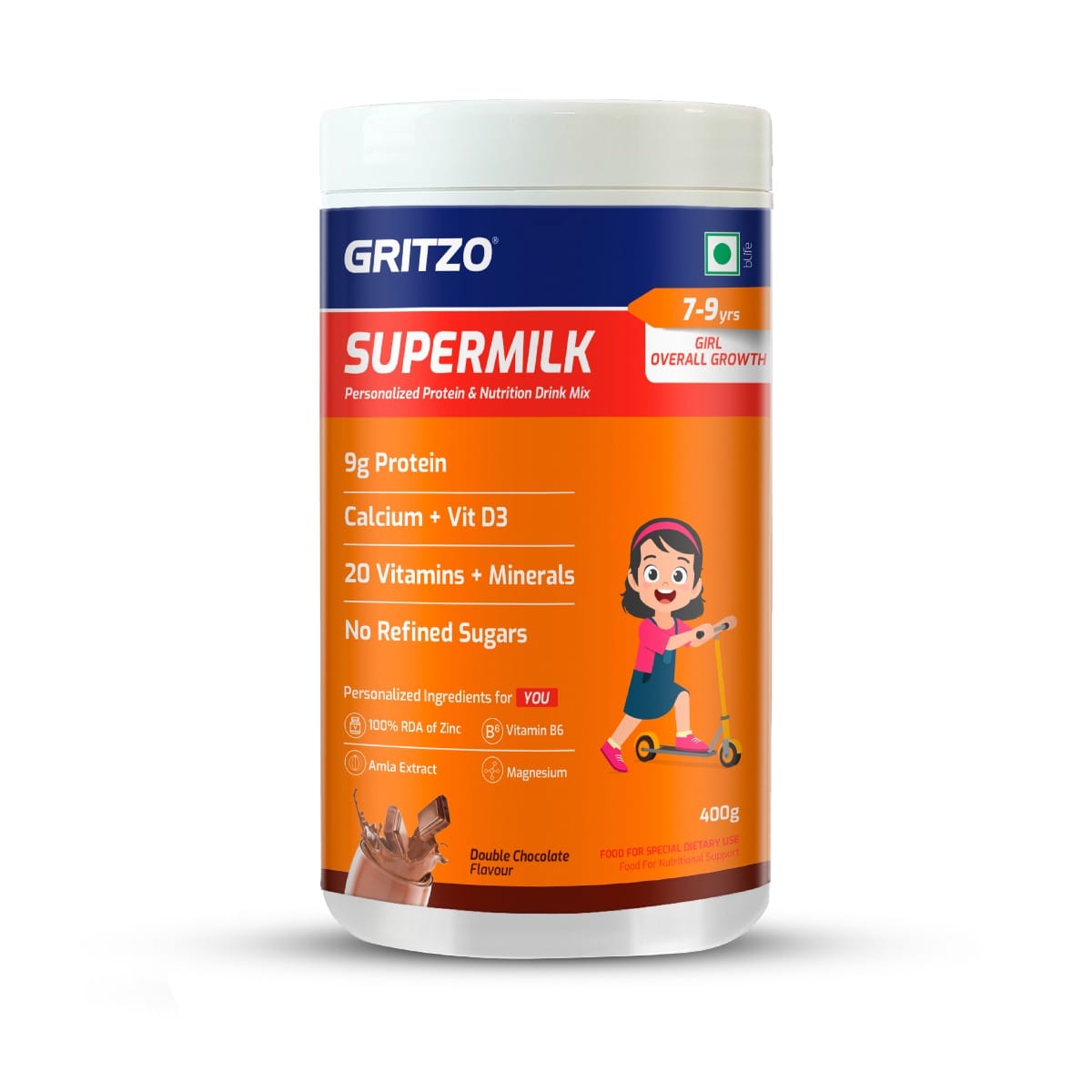 

Gritzo SuperMilk Overall Growth (7-9y Girls), 9g Protein Powder (Double Chocolate, 400g) | Zero Refined Sugar, 20 Vitamins & Minerals