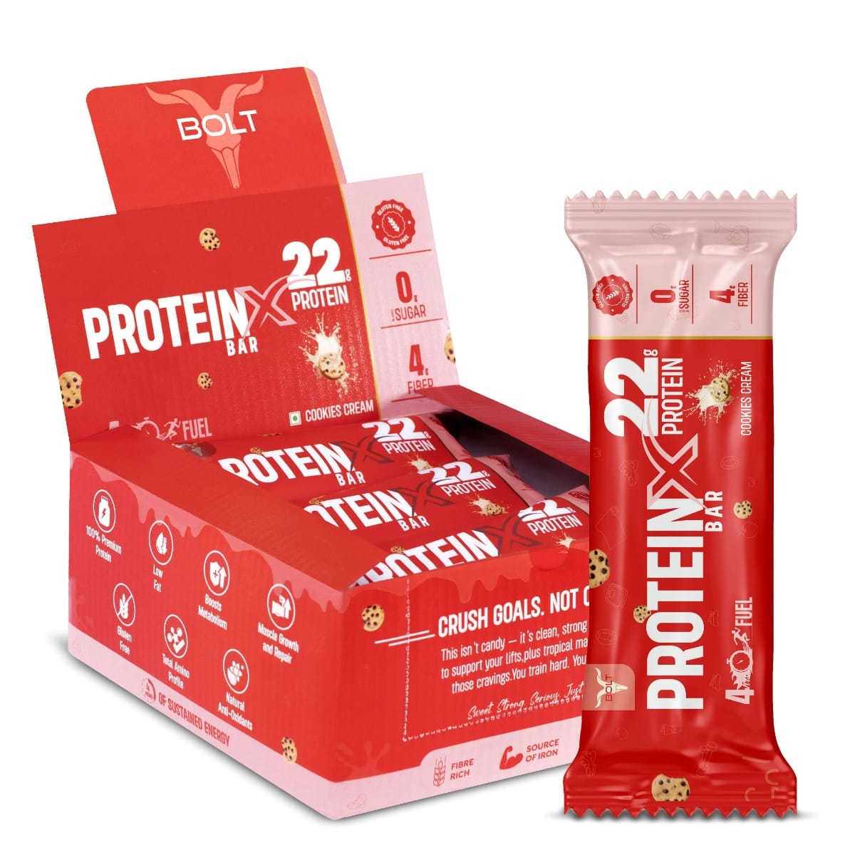 

Bolt Nutrition High Protein Bar | 22g Protein Per Bar | No Sugar | Gluten-Free | Power Snack for Gym, Sports & Muscle Recovery | Pack of 5 - Cookie...