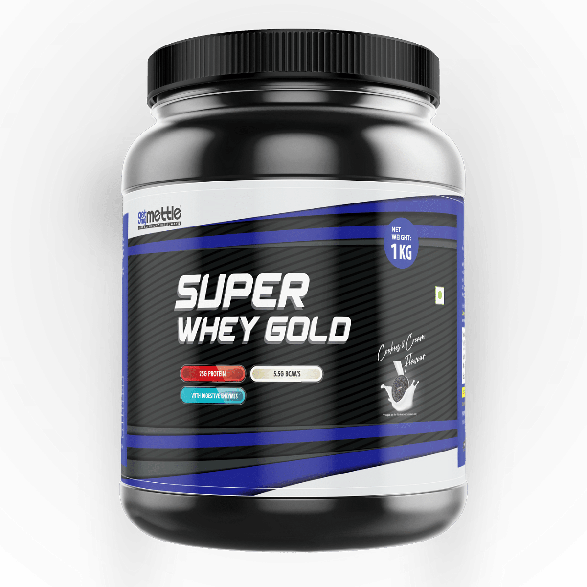 

Getmymettle Super Whey Gold Whey Protein 25 g Protein 5.5 g BCAA With Digestive Enzymes Post Workout 0g Sugar Cookies&Cream 1kg