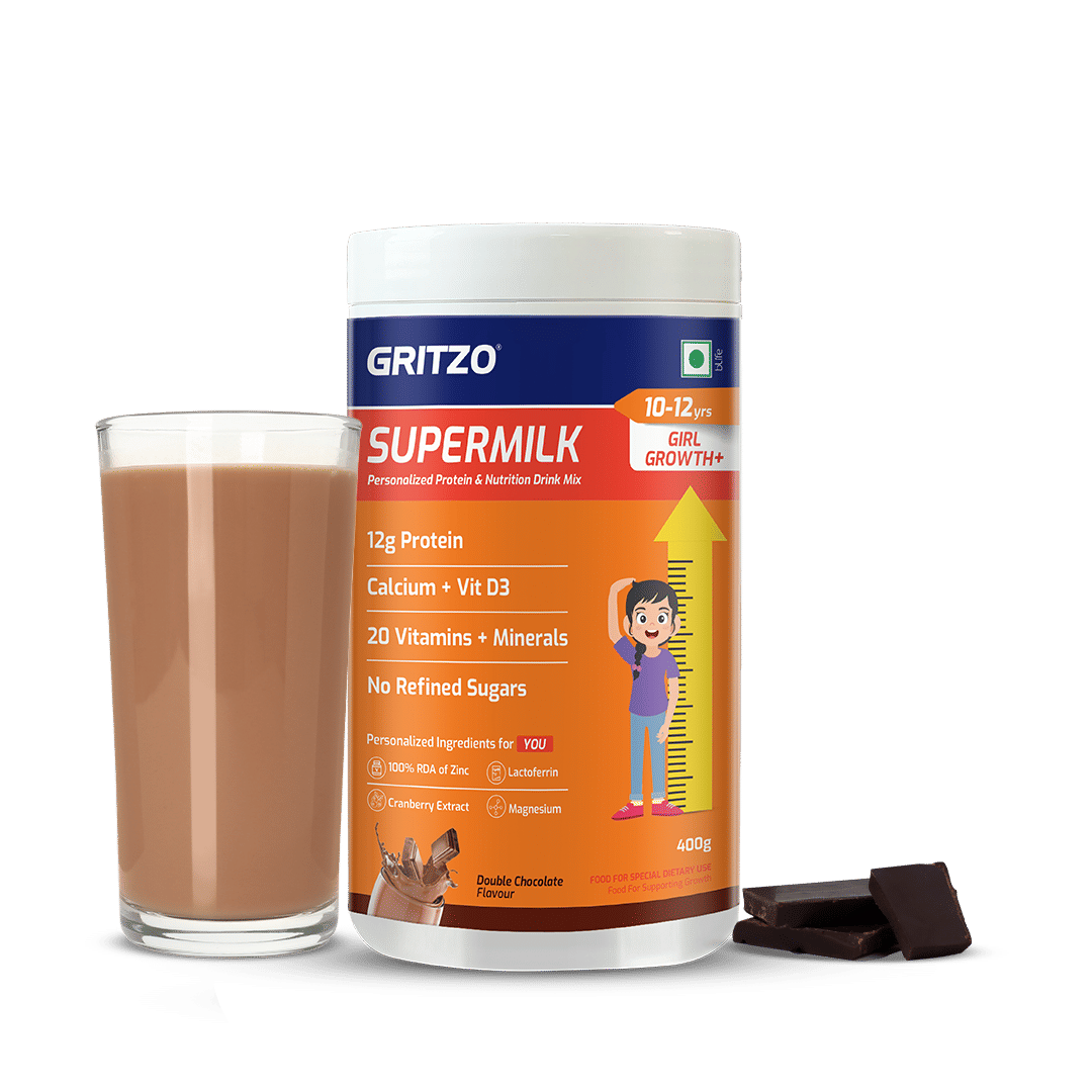 

Gritzo SuperMilk Growth+ (10-12y Girls), 12g Protein Powder (Double Chocolate, 400g) | Zero Refined Sugar, 20 Vitamins & Minerals