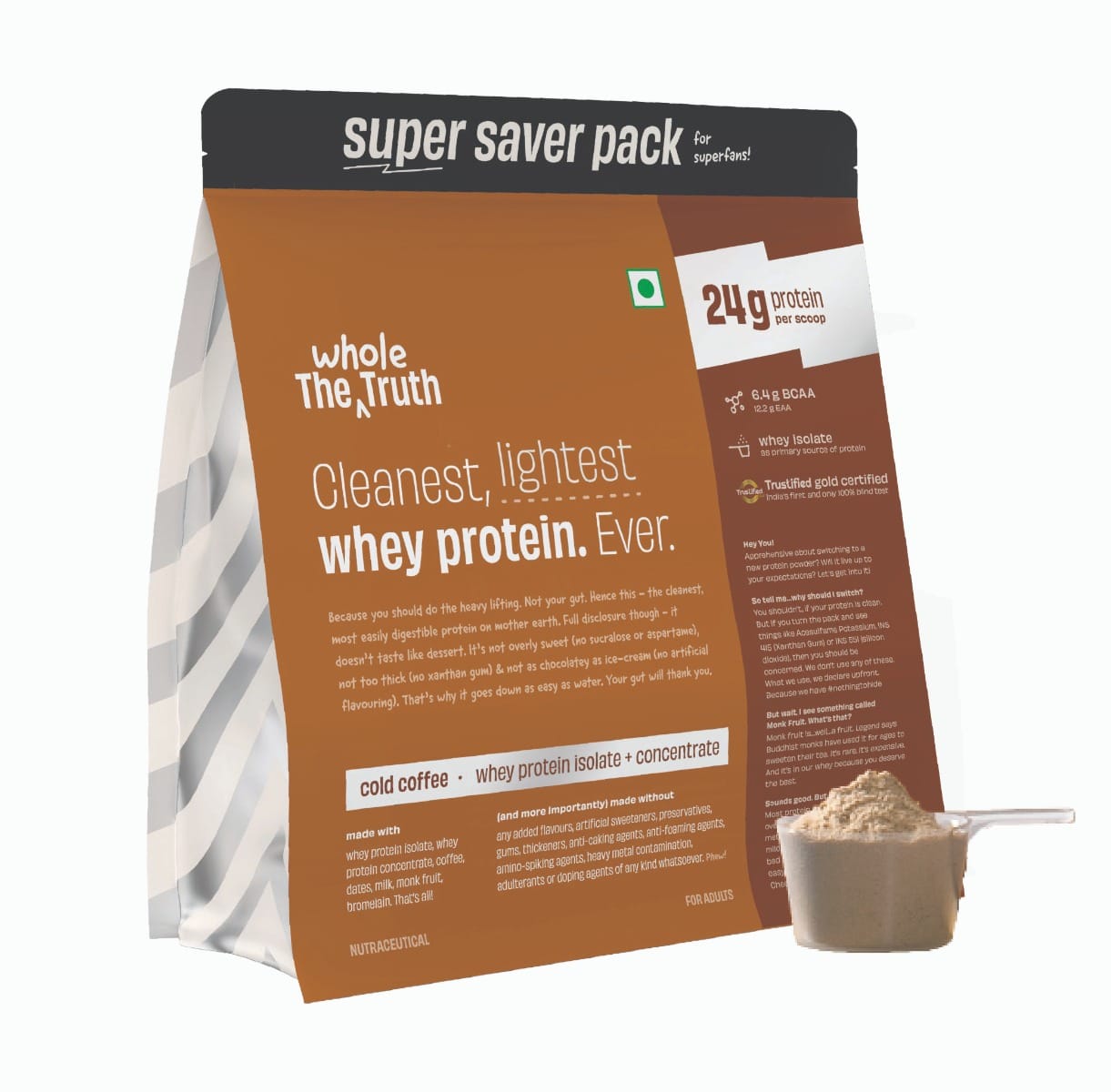 

The Whole Truth Whey Protein Isolate+Concentrate | Cold Coffee 2 kg (4.4 lbs) | 24g Protein/Scoop | 6.6g BCAA | 100% Authentic Whey & No Adulterati...
