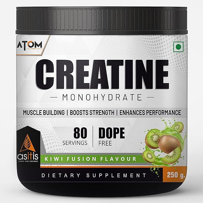 

AS-IT-IS ATOM Creatine Monohydrate 250g - 80 Servings | Dope Free | Enhances Performance | Promotes Muscle Gains | Kiwi fusion Flavour