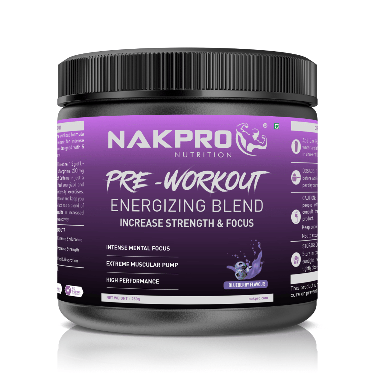 

Nakpro Pre Workout Supplement Powder - JAR | 100mg Caffeine, 1.2g Creatine Monohydrate and 1.2g L-Citrulline | 50 per servings, Helps in Lean Muscl...