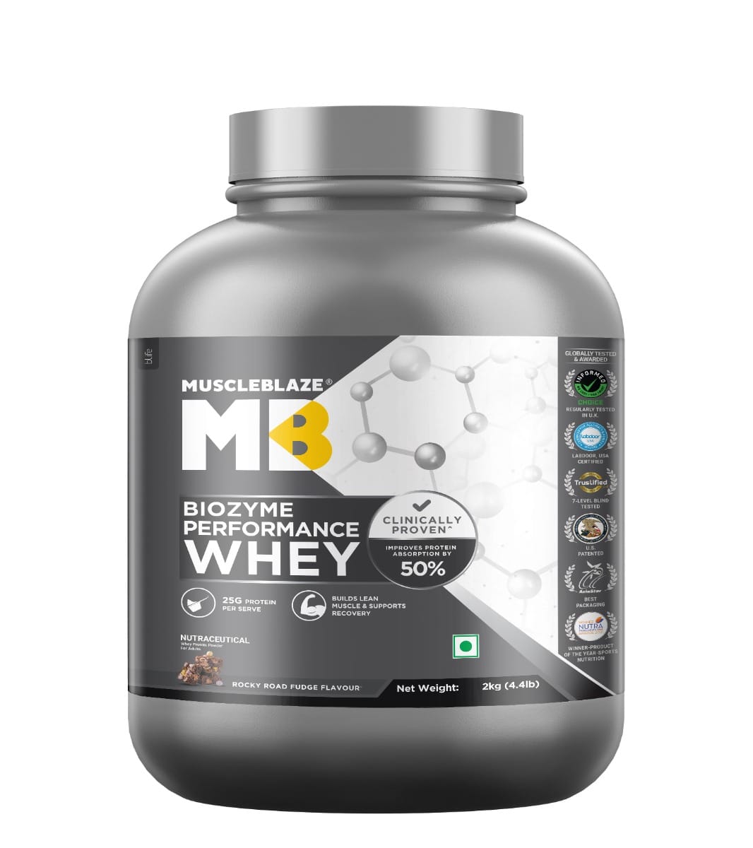 

MuscleBlaze Biozyme Performance Whey Protein Powder | Rocky Road Fudge (2kg) | 25g Protein Per Scoop | Clinically Tested 50% Higher Protein Absorption