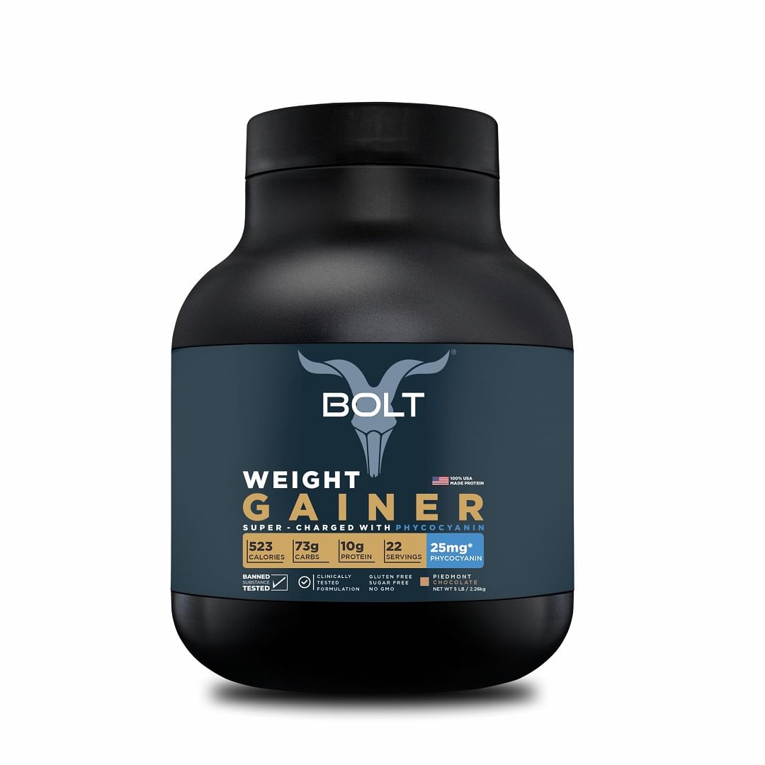 

Bolt Weight Gainer Super-Charged With PHYCOCYANIN, (Piedmont Chocolate | 5 LB, 2.268kg) 10g Protein, 73g Carbs & 523 Calories |For Men and Women