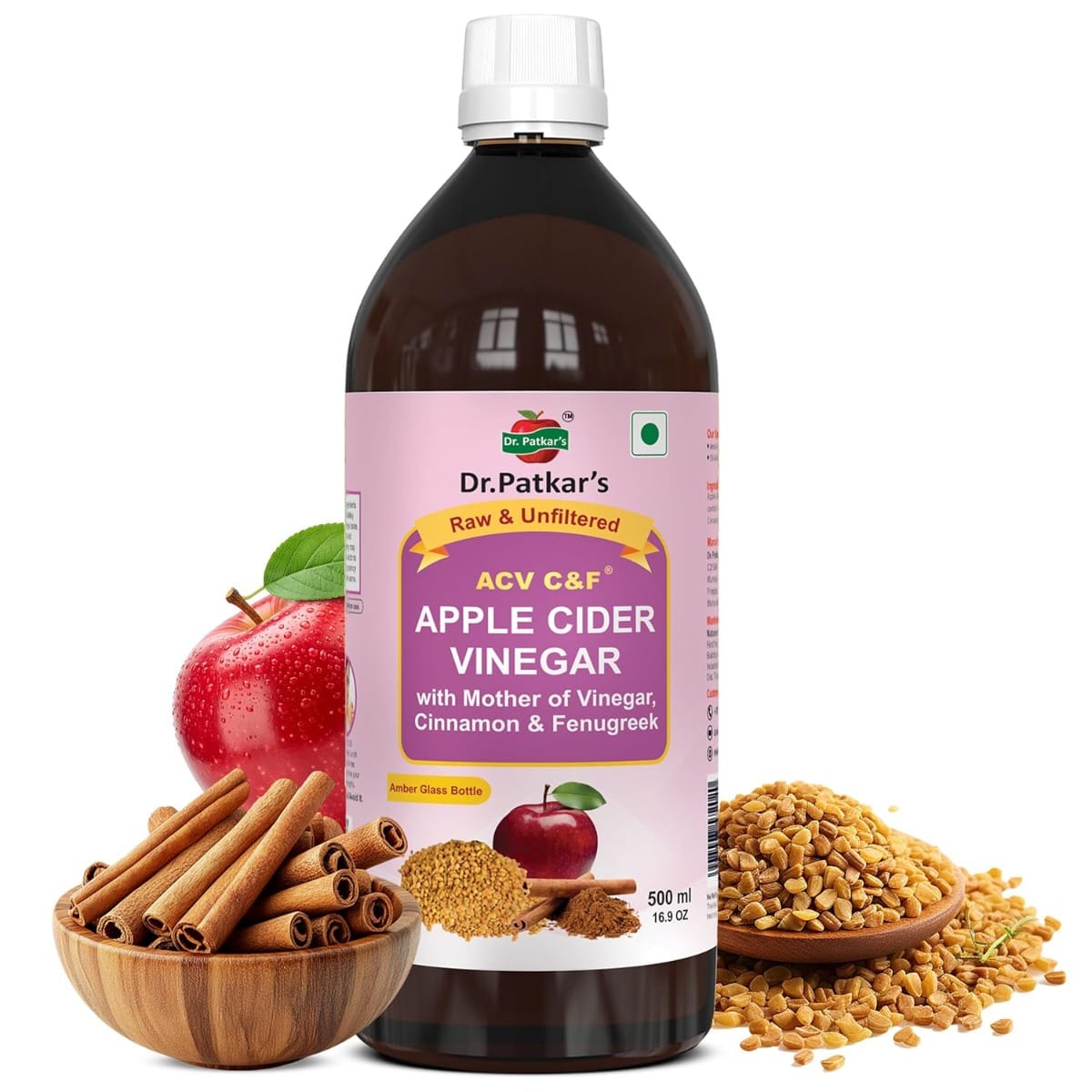 

Dr. Patkar's Apple Cider Vinegar with Cinnamon & Fenugreek | Unfiltered & Undiluted | Suitable for Sugar Control with Improved Immunity & Lowers Ba...