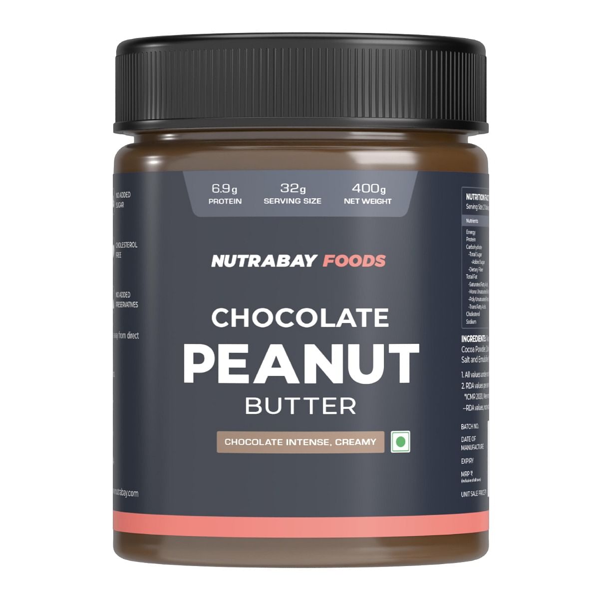 

Nutrabay Foods Peanut Butter (Creamy) - Chocolate Intense, 400G | 100% Roasted Peanuts, 22G Protein, Zero Cholesterol, Vegan, Gluten Free, Non Gmo