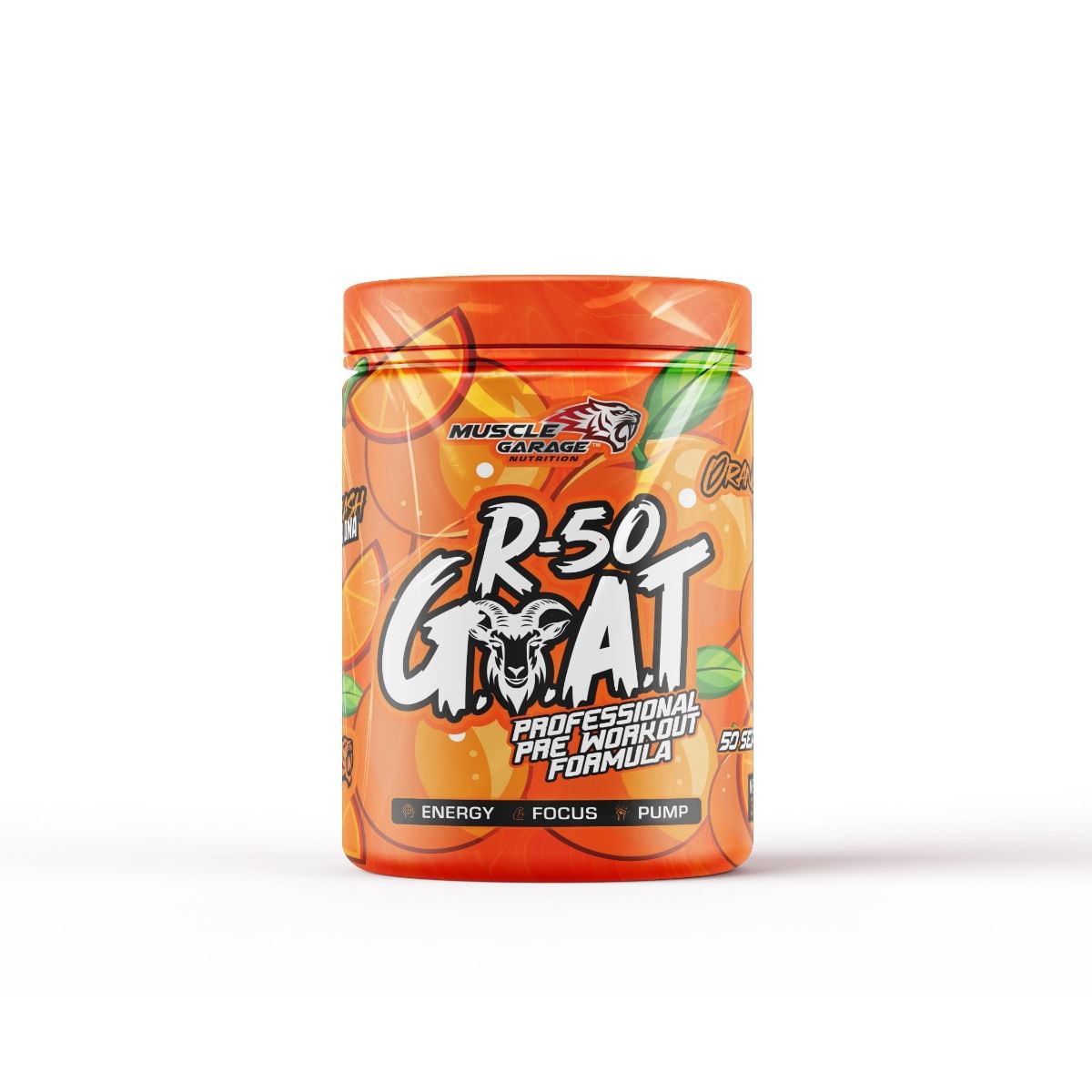 

Muscle Garage R-50 GOAT Pre-Workout| Energy, Focus, Strength & Muscle Pump Booster | 50 Servings – Explosive Performance Supplement | 350 gm | Orange