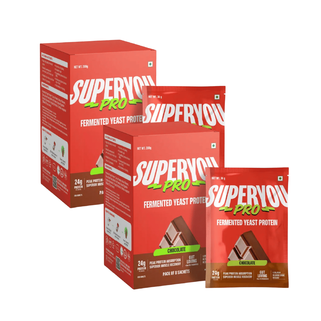 

Superyou Pro Fermented Yeast Protein(Pack of 8) | 24g Protein| Chocolate | Peak Absorption | Superior Muscle Recovery | Gut Friendly + 1Bn CFU Prob...