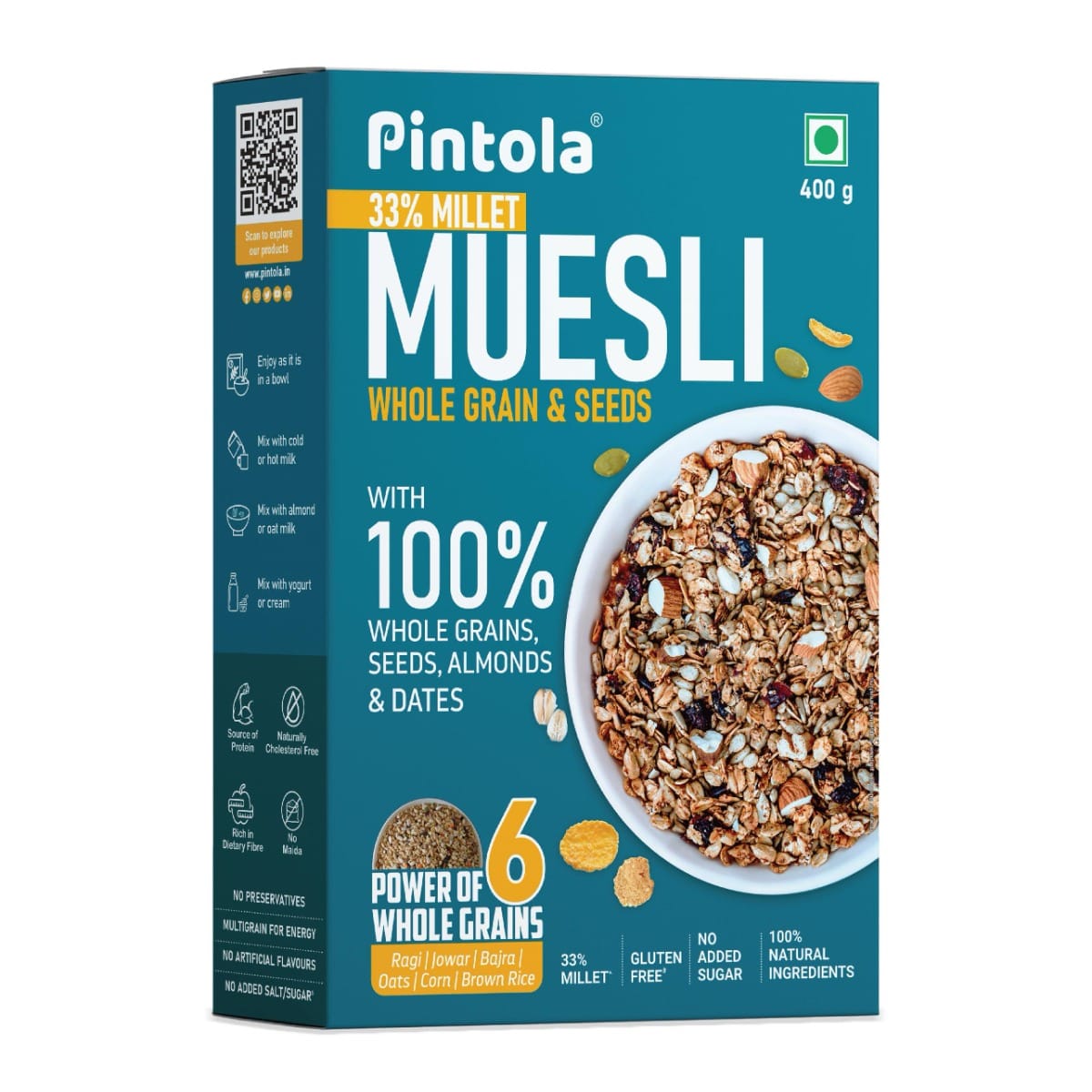 Pintola Wholegrain & Seeds Muesli with 33% Millet, Cereals for Breakfast with 26% Nuts, Seeds & Dates, No Preservatives, Rich in Dietary Fibre & Protein, Cholesterol & Gluten Free, No Added Sugar