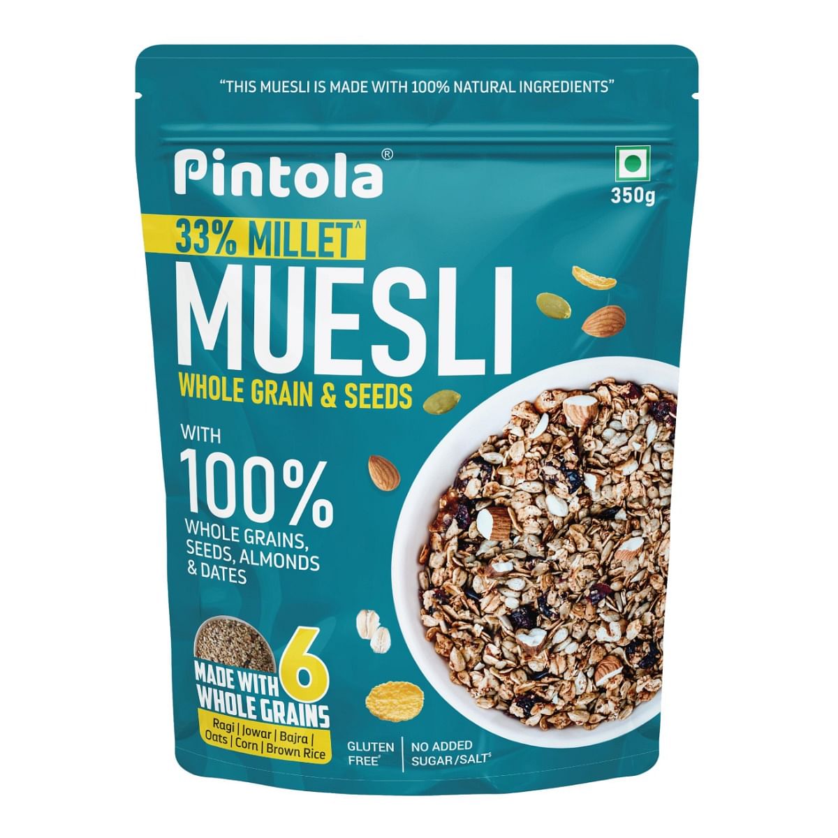 

Pintola Wholegrain & Seeds Muesli with 33% Millet 350g, Cereals for Breakfast with 26% Nuts, Seeds & Dates, No Preservatives, Rich in Dietary Fibre...