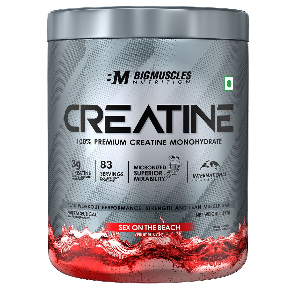 

Bigmuscles Nutrition Creatine Monohydrate (83 Servings, Sex On The Beach) | ProHydrolase Enzyme Tech. for better absorption | 257g