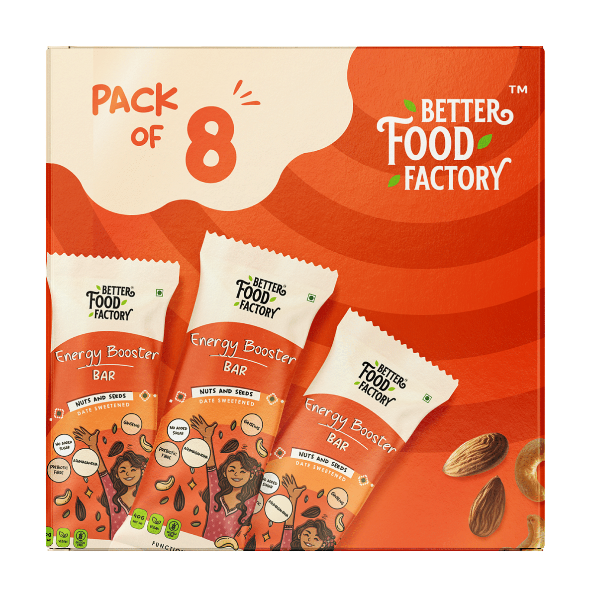 

Better Food Factory Energy Booster - (Pack Of 8 X 40G) Energy Bar with 4G Protein & 4G Fiber Each - Healthy and Tasty Energy Bar (Date Sweetened) -...