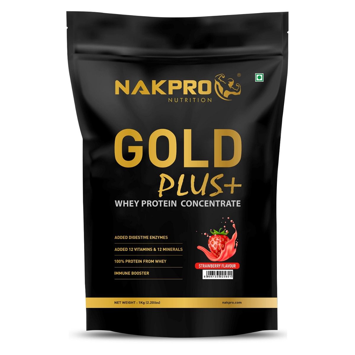 

NAKPRO Gold Whey Protein Concentrate 1kg Strawberry | 25.5g Protein, 5.6g BCAA | Trustified Certified 100% Authentic Supplement Powder & No Adulter...