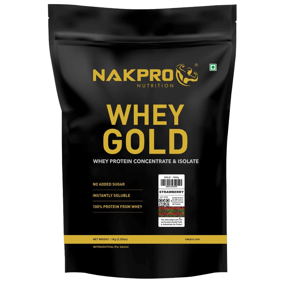 

NAKPRO Gold Whey Protein Concentrate and Isolate 1kg Strawberry| 25.5g Protein, Trustified Certified Supplement Powder | Fast Absorbing Whey Protei...