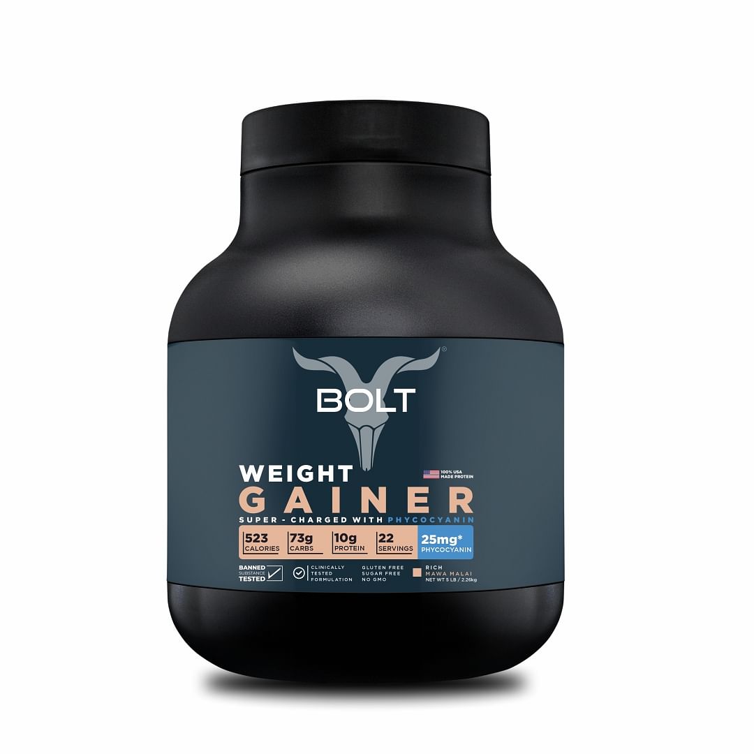

Bolt Weight Gainer Super-Charged With PHYCOCYANIN, (Mawa Malai | 5 LB, 2.268kg) 10g Protein, 73g Carbs & 523 Calories |For Men and Women