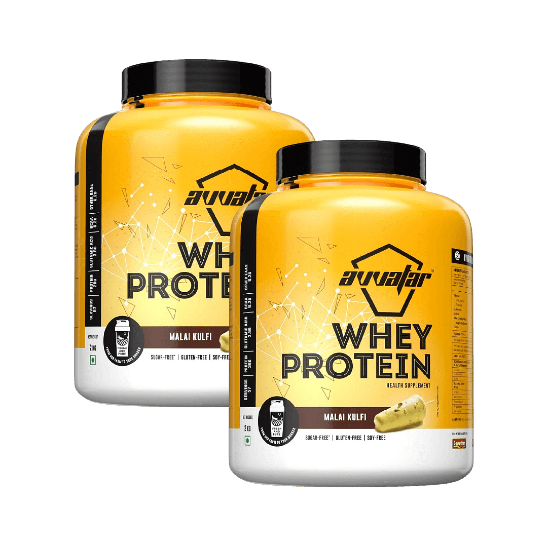 

Avvatar Whey Protein 2Kg | Malai Kulfi | 57 Servings | 28G Protein | Sugar Free | Gluten Free | Soy Free Pack Of 2