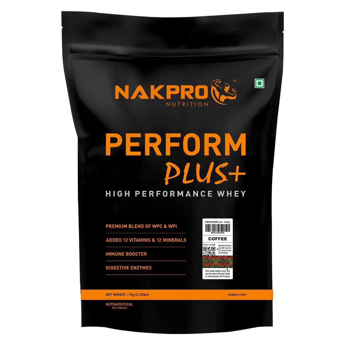 

NAKPRO Perform Plus+ Whey Protein Concentrate with Digestive Enzymes | 24g Protein, 5.7g BCAA | Easy Mixing, Easy Digesting (1 Kg, Coffee)