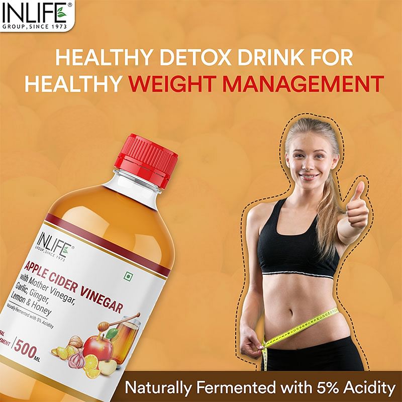 INLIFE Apple Cider Vinegar with Garlic Ginger Lemon Honey Mother of Vinegar Raw Unfiltered Unpasteurized Health Supplement for Skin Hair Weight Management 500 ml