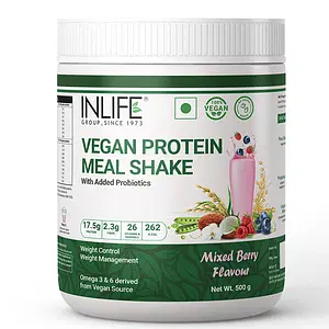 INLIFE Vegan Plant Based Protein Powder Nutritional Meal Replacement Shake, 17.5g Protein, 26 Vitamins & Minerals, Non-Dairy, Lactose Free with Added Probiotics for Men and Women, 500g (Mixed Berry)