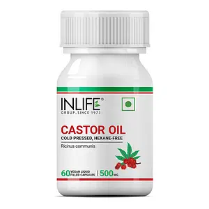 INLIFE Castor Oil Supplement for Hair and Skin, Natural Laxative, Quick Release, 500mg – 60 Liquid Filled Vegetarian Capsules (Pack of 1)