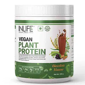 INLIFE Vegan Plant Based Protein Powder 24g Protein (Pea & Brown Rice) 5g BCAA 1.8g Fiber with Ashwagandha Green Tea & Grape Seed Digestive Enzymes Bodybuilding Supplement Men Women