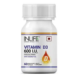 INLIFE Vitamin D3 600 IU Cholecalciferol Supplement with Coconut Oil for Better Absorption, For Men & Women, Immunity, Bone Health, Muscles - 60 Liquid Filled Capsules