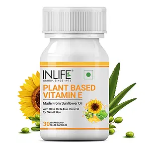 INLIFE Plant Based Natural Vitamin E Oil Capsules for Face and Hair | Sunflower, Olive & Aloe Vera Oils | Skin Health and Immunity Booster Supplement for Women & Men–30 Vegetarian Capsules (Pack of 1)