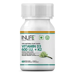 INLIFE Plant Based Vegan Vitamin D3 K2 Supplement, Lichen Source D3 with Natural Organic Extra Virgin Cold Pressed Coconut Oil for Bone Health & Immune Support, 600 IU - 60 Vegan Capsules