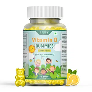 INLIFE Vitamin D Gummies for Kids Men Women Adults, Daily Supplement for Bone & Muscle Health, Immunity Booster, Gluen Free, Vegan, 400 IU - 30 Lemon Flavour Gummies