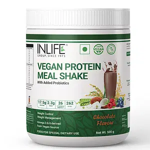 INLIFE Vegan Plant Based Protein Powder Nutritional Meal Replacement Shake, 17.5g Protein, 26 Vitamins & Minerals, Non-Dairy, Lactose Free with Added Probiotics for Men and Women, 500g (Chocolate)