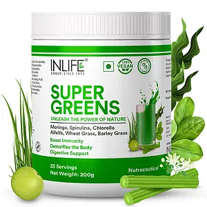 INLIFE Super Greens Powder Supplement | Moringa, Spirulina, Chlorella, Alfalfa, Wheat Grass, Barley Grass Blend | Boost Energy, Immune Support, Detox, Antioxidants, Gluten-Free, Non-GMO - 200g